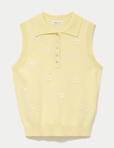 Polo sans manches col chemise brod&eacute; jaune clair femme