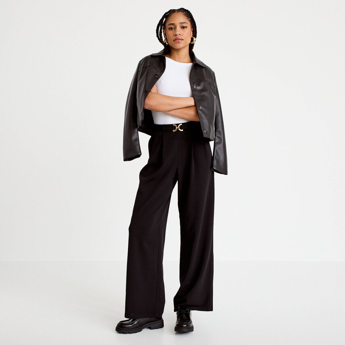 Pantalon large ceinture bijou noir femme