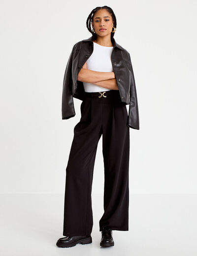 Pantalon large ceinture bijou noir femme