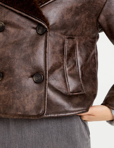 Caban cropped droit col tailleur marron fonc&eacute; femme