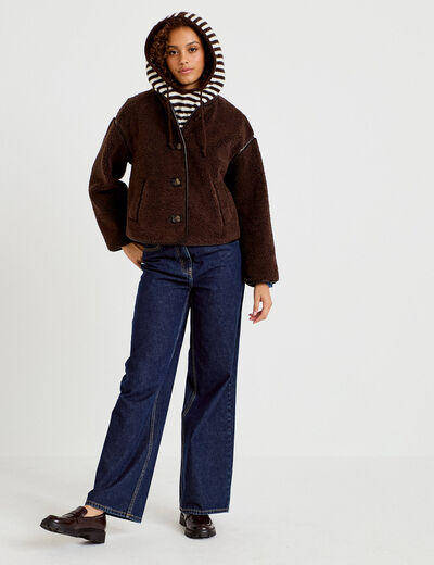 Veste effet polaire manches longues marron fonc&eacute; femme