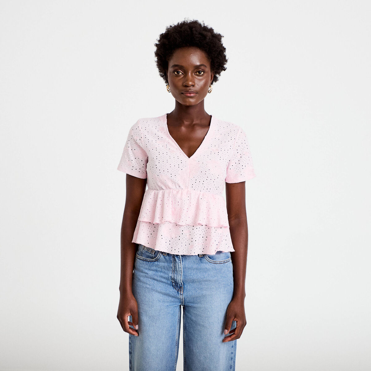 Blouse d&eacute;collet&eacute; manches courtes rose clair femme