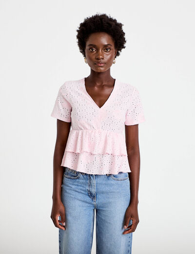 Blouse d&eacute;collet&eacute; manches courtes rose clair femme