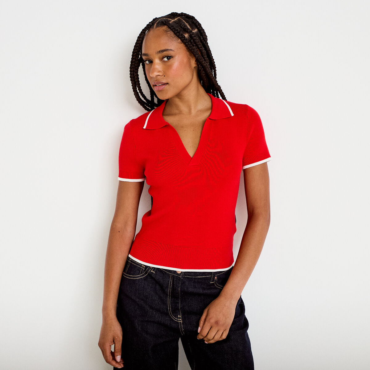 Pull manches courtes col polo rouge femme