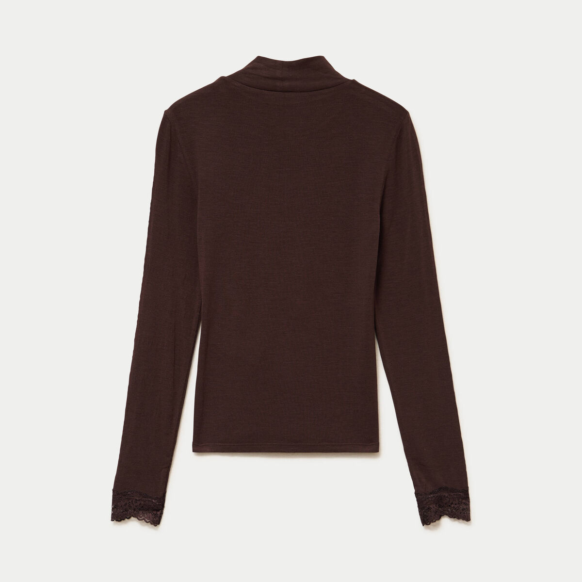 T-shirt ajust&eacute; col roul&eacute; dentelle marron fonc&eacute; femme