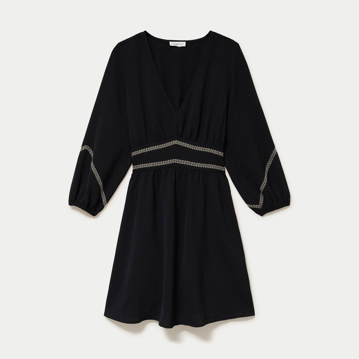 Robe courte &eacute;vas&eacute;e col v manches 3/4 noir femme