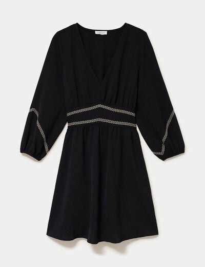 Robe courte &eacute;vas&eacute;e col v manches 3/4 noir femme