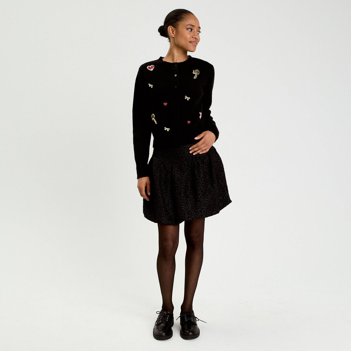 Gilet col rond manches longues noir femme