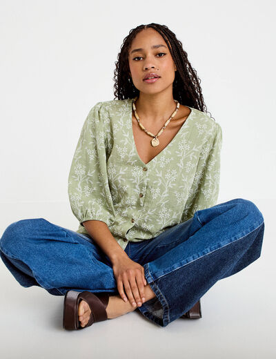 Blouse droite pliss&eacute;e manches 3/4 vert femme