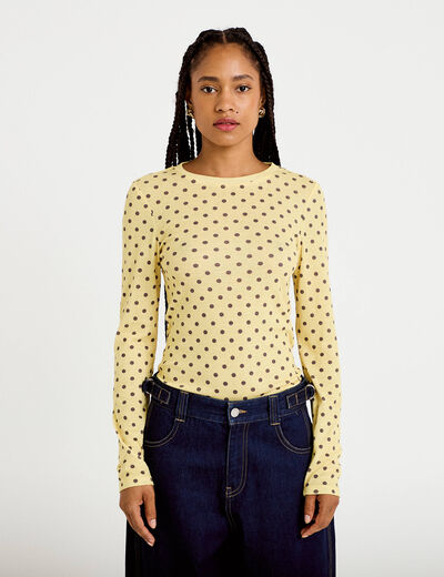 T-shirt ajust&eacute; col rond manches longues jaune clair femme