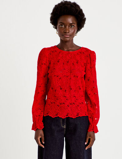 Blouse en dentelle d&eacute;collet&eacute; dos rouge femme