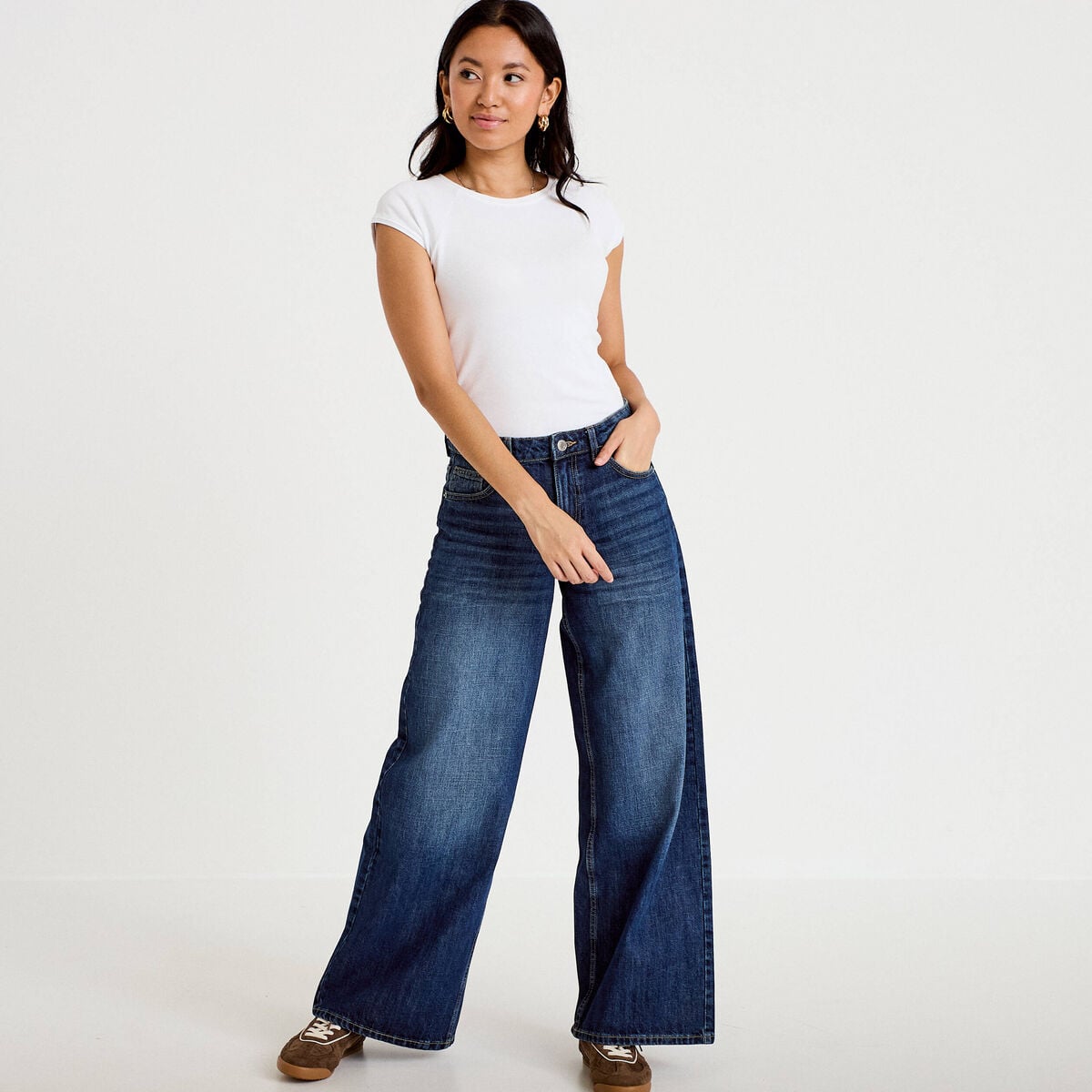Jean wide leg taille standard denim stone femme