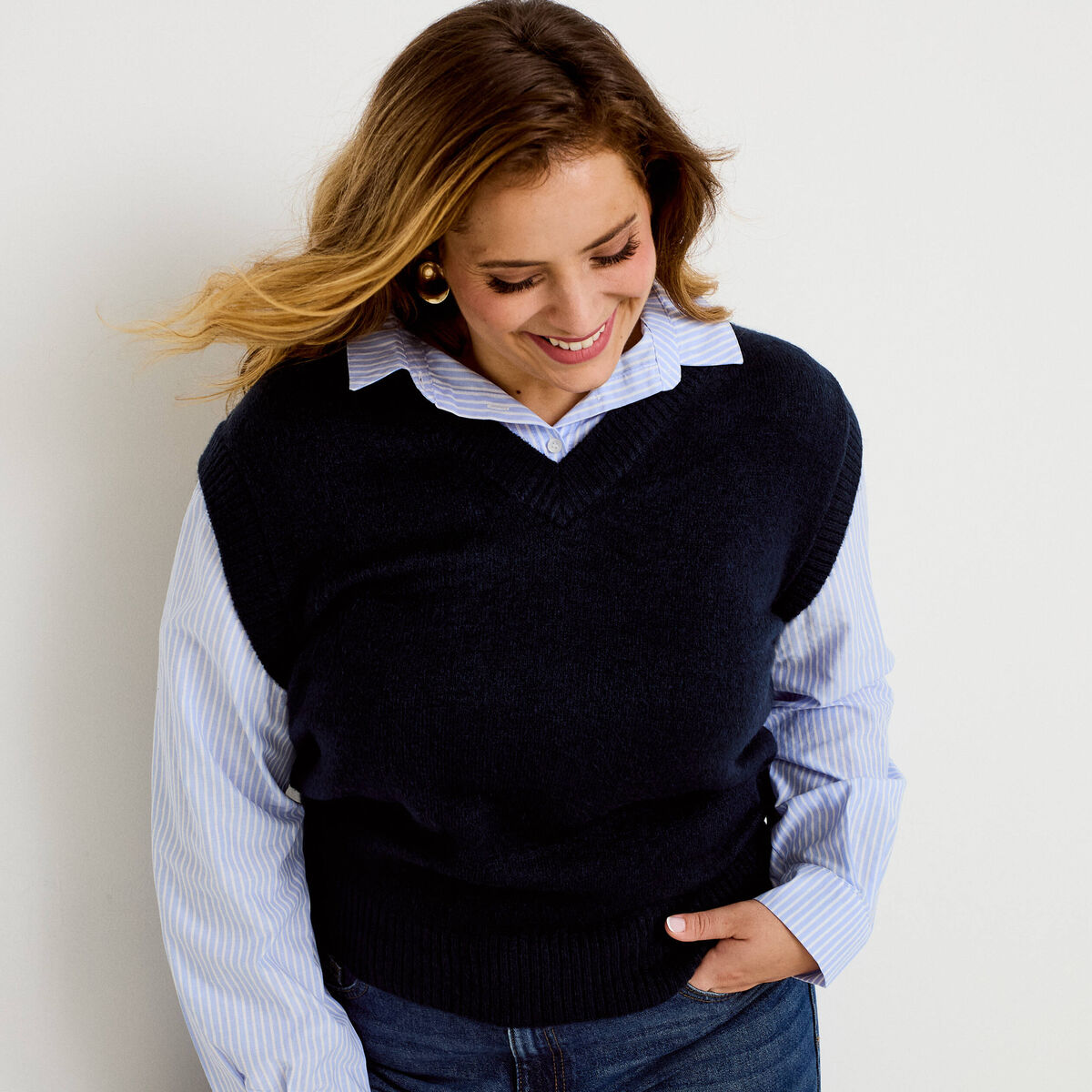 Pull chemise 2-en-1 bleu marine femme