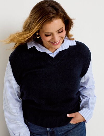 Pull chemise 2-en-1 bleu marine femme