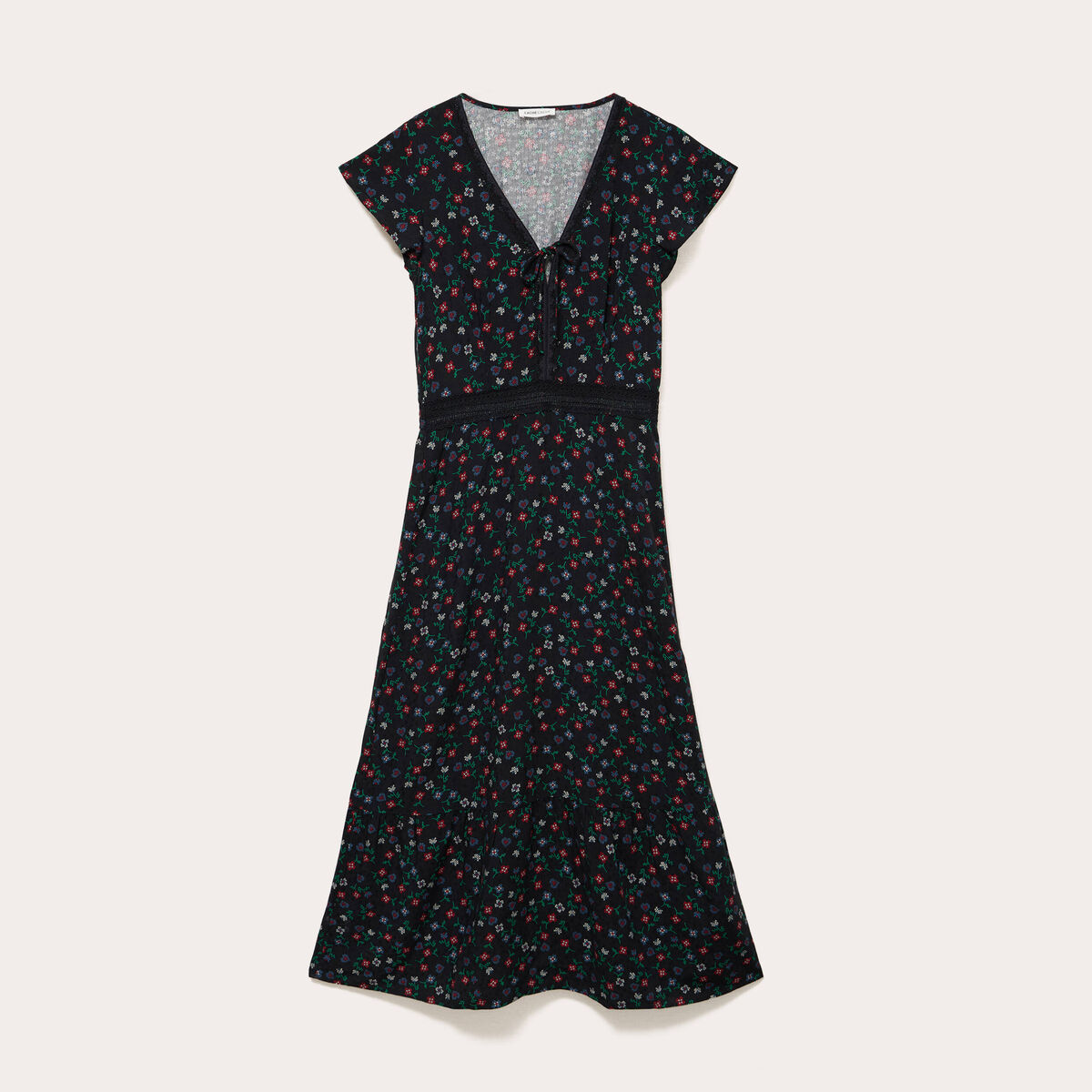 Robe longue &eacute;vas&eacute;e en dentelle col v noir femme