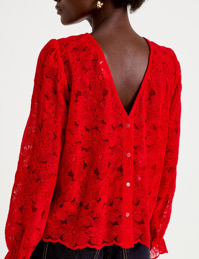 Blouse en dentelle d&eacute;collet&eacute; dos rouge femme