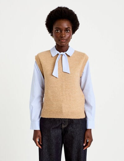 Pull fin 2-en-1 manches longues beige femme