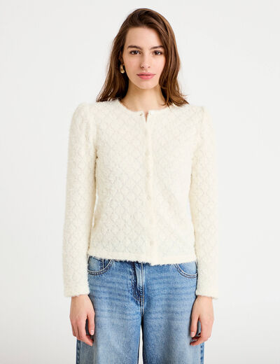 Gilet duveteux manches longues col rond ecru femme