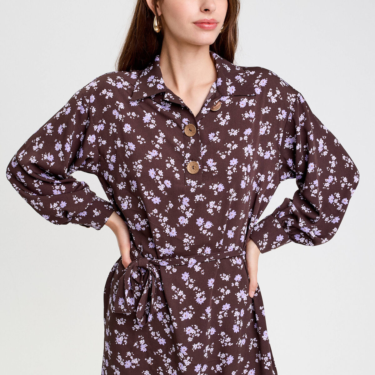 Robe courte droite col chemise marron fonc&eacute; femme