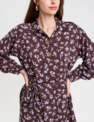 Robe courte droite col chemise marron fonc&eacute; femme
