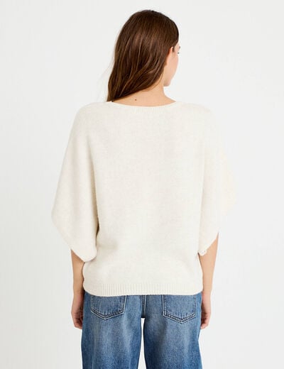 Pull oversize col rond manches courtes ecru femme