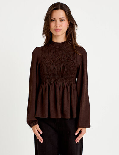 Blouse p&eacute;plum manches longues pliss&eacute;e marron fonc&eacute; femme