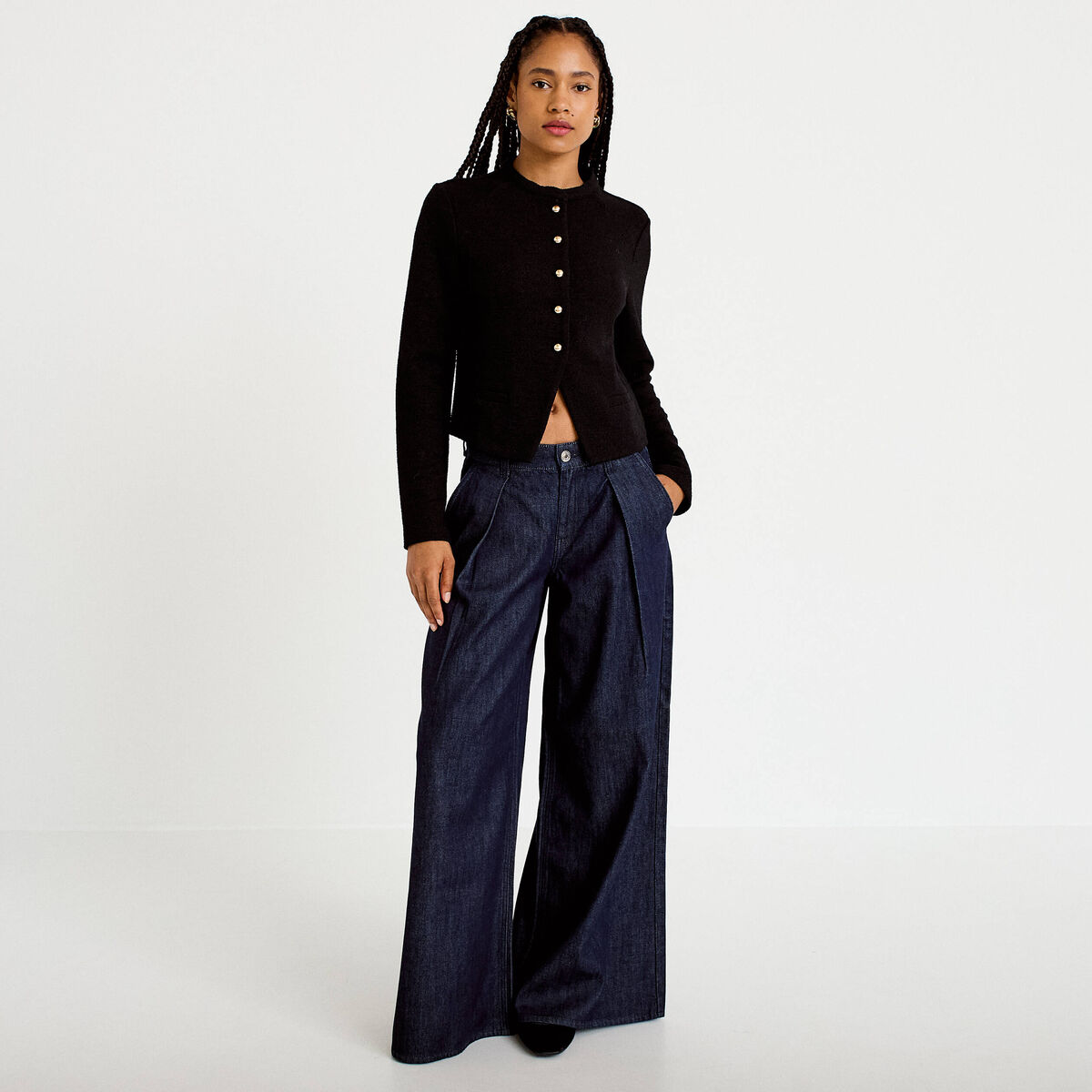 Veste tweed droite cropped col rond noir femme