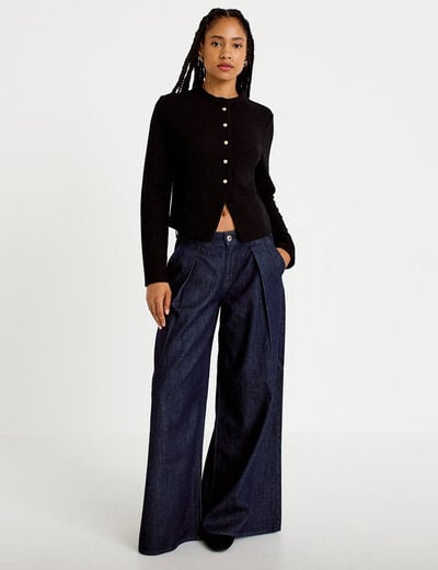 Veste tweed droite cropped col rond noir femme