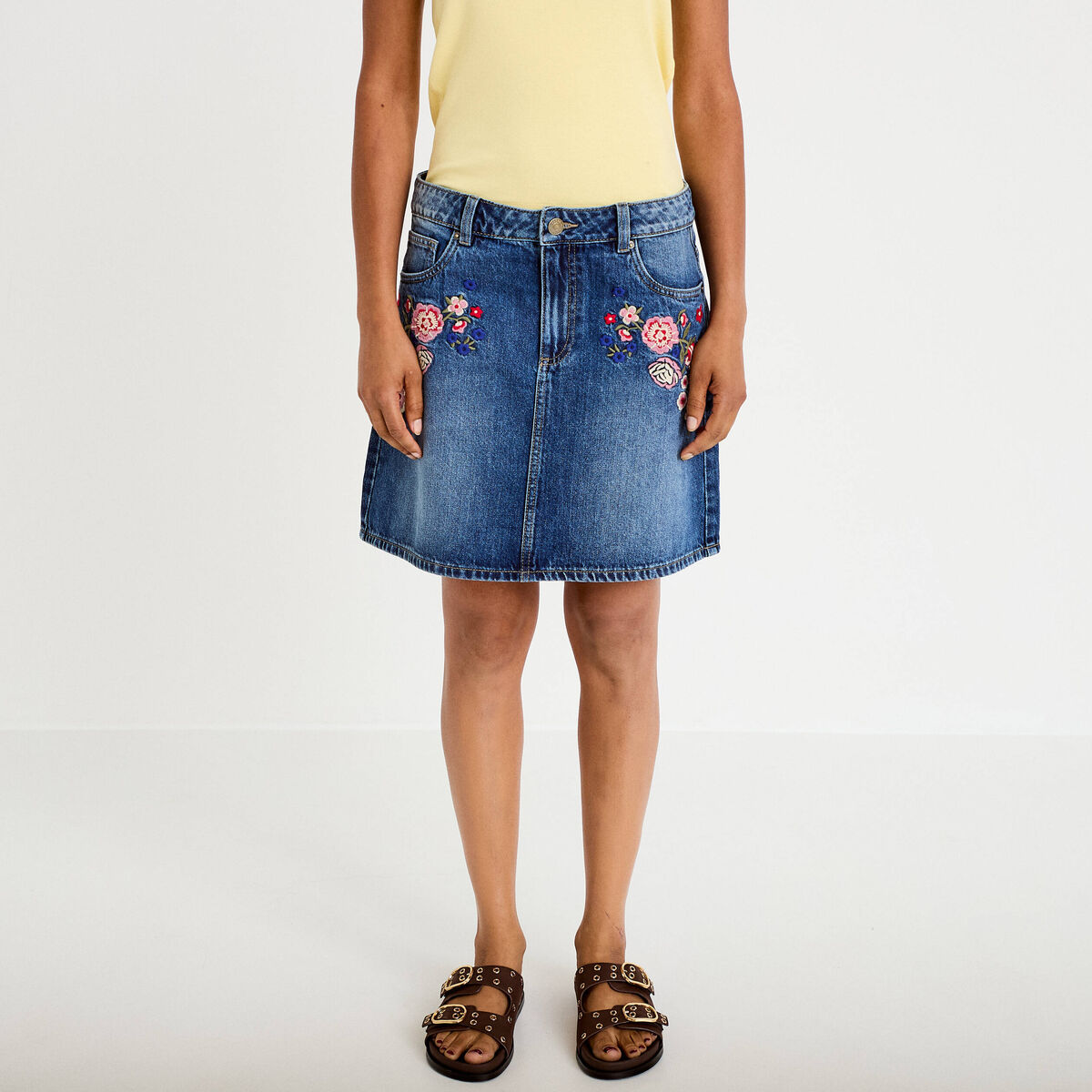 Jupe droite courte en jean denim stone femme