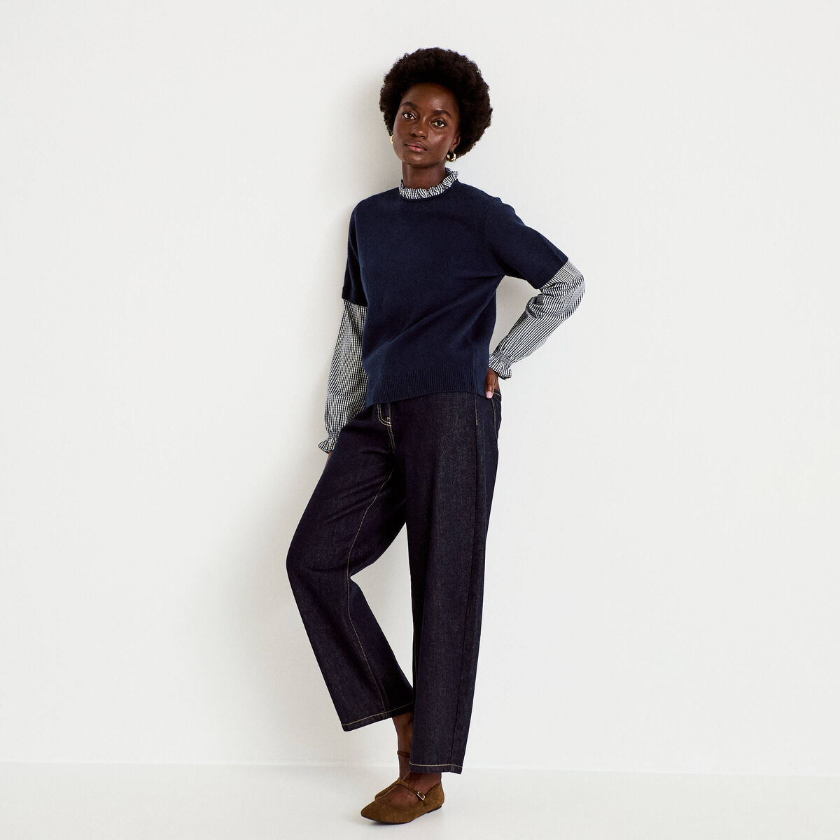 Pull col rond vichy manches longues bleu marine femme