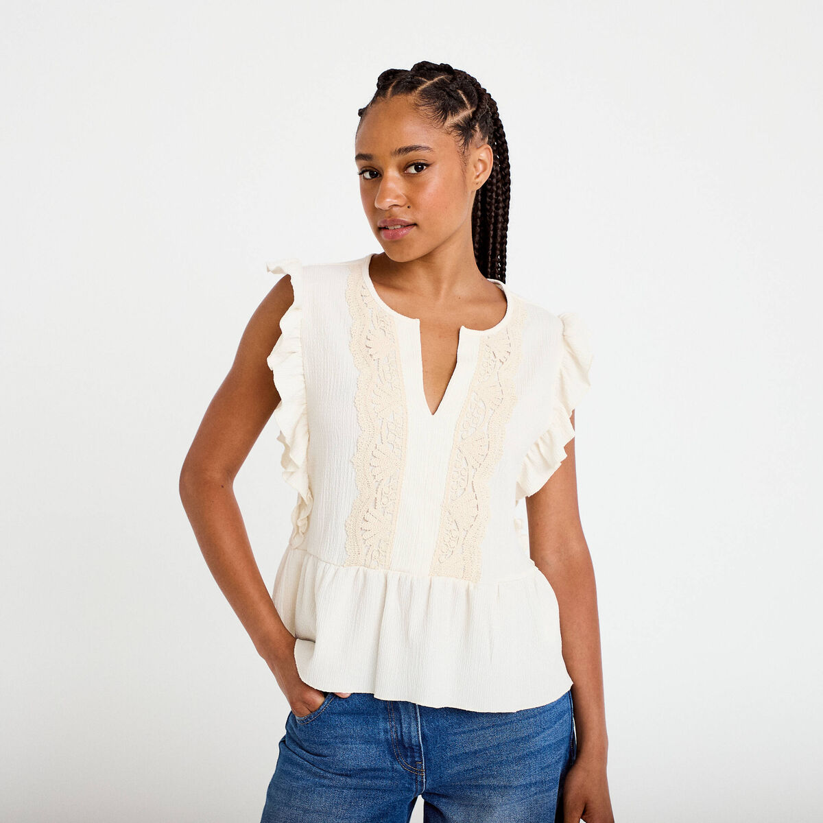 Blouse sans manches col v ecru femme