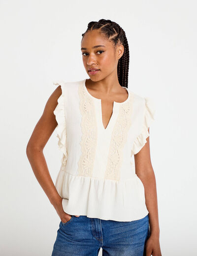 Blouse sans manches col v ecru femme