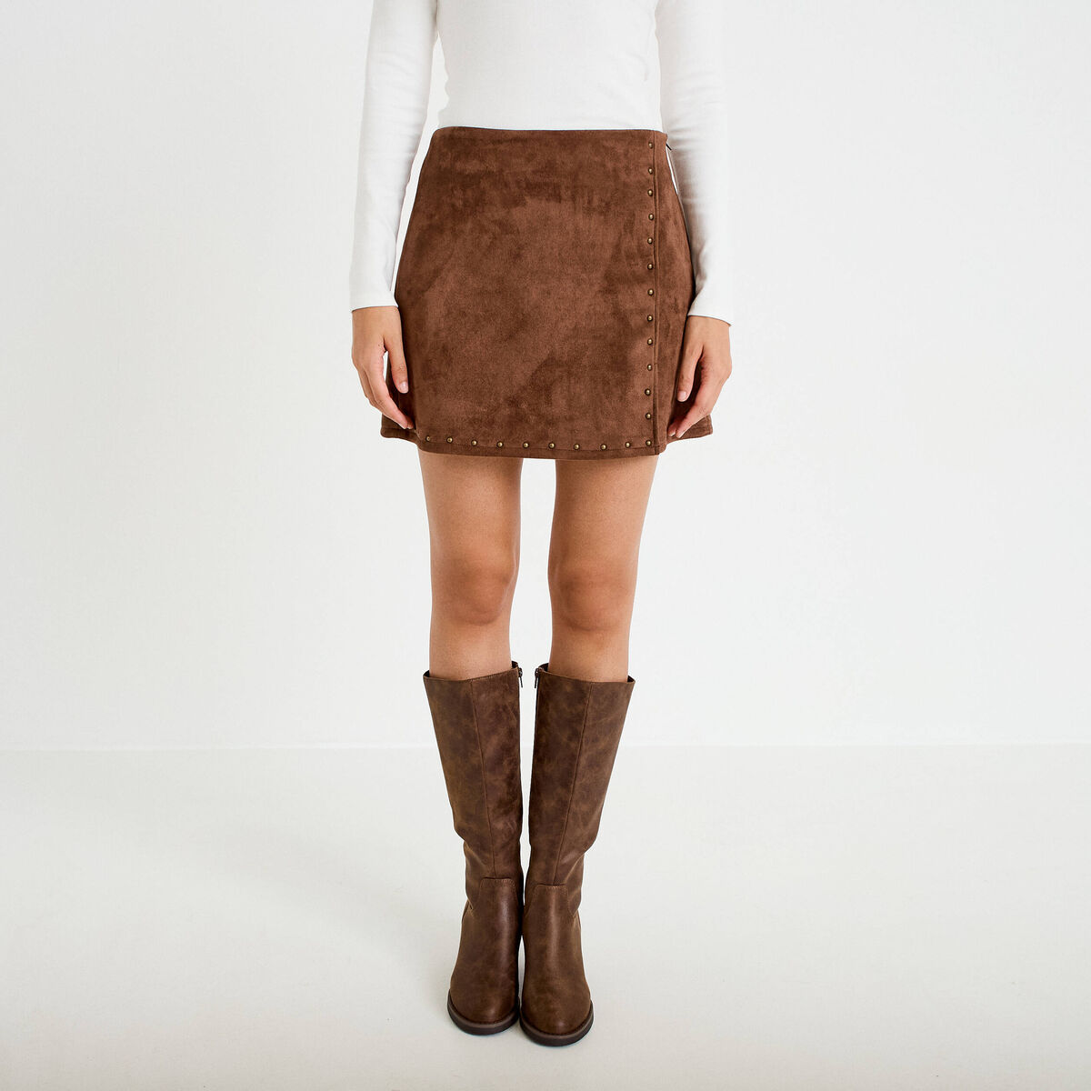 Jupe-short trap&egrave;ze taille haute daim marron femme