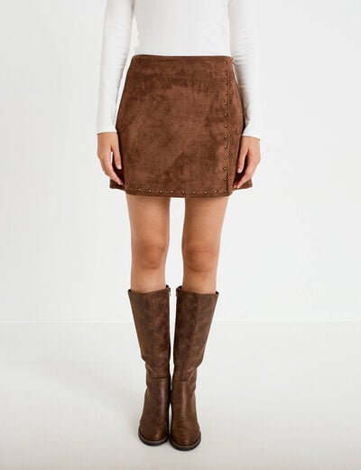 Jupe-short trap&egrave;ze taille haute daim marron femme