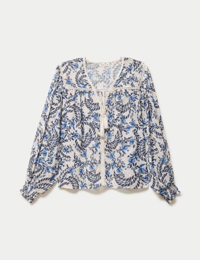 Blouse ample col v manches longues blanc femme