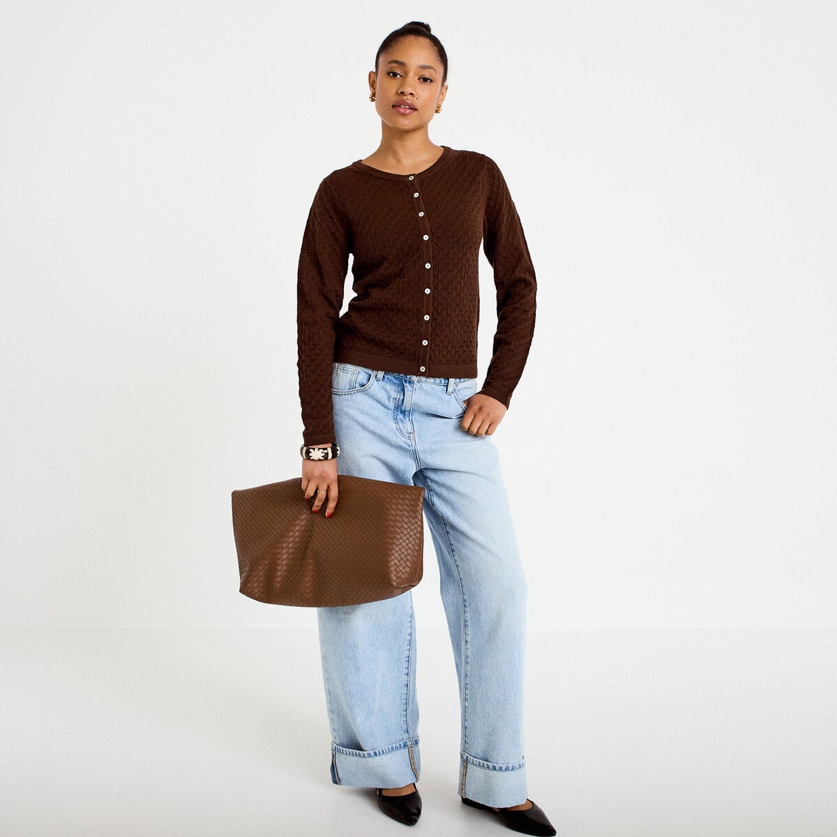 Gilet ajour&eacute; manches longues dentelle marron fonc&eacute; femme