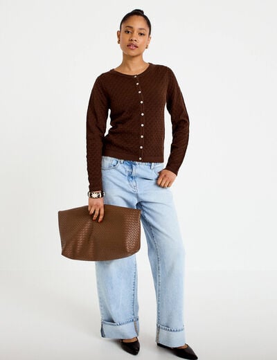 Gilet ajour&eacute; manches longues dentelle marron fonc&eacute; femme