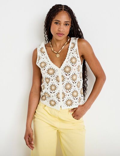 D&eacute;bardeur crochet boutons ecru femme