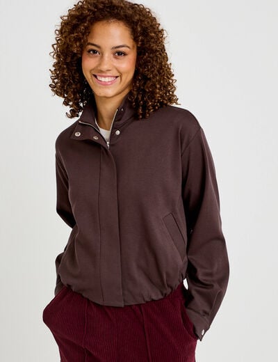 Veste cropped bas resserr&eacute; marron fonc&eacute; femme