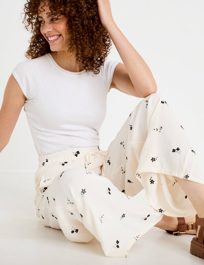 Pantalon large brod&eacute; taille standard blanc femme