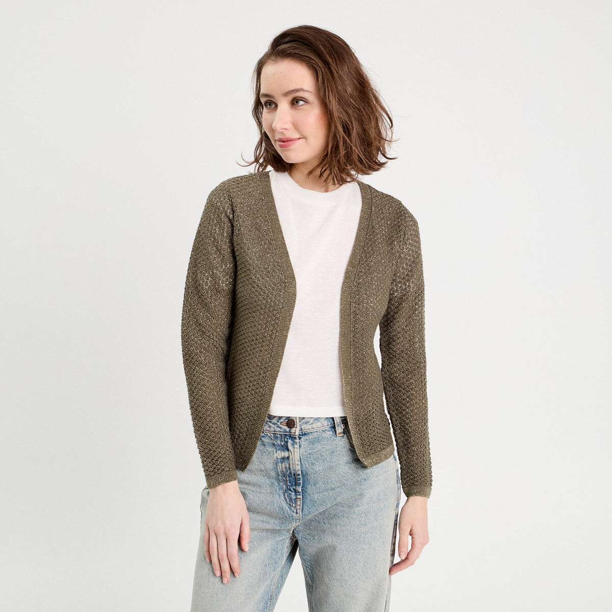 Gilet manches longues ajour&eacute; vert kaki femme