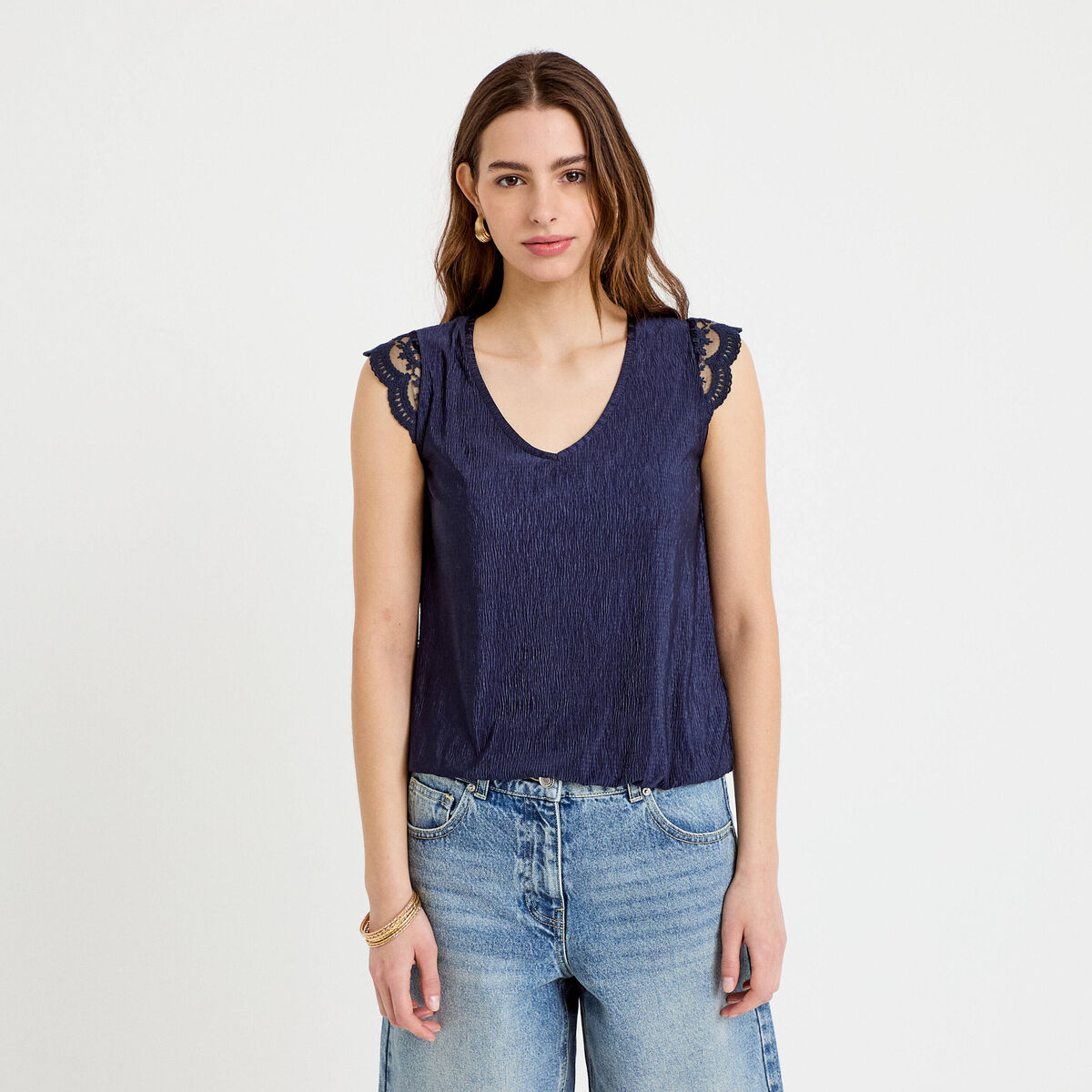 Blouse sans manches pliss&eacute;e bleu marine femme