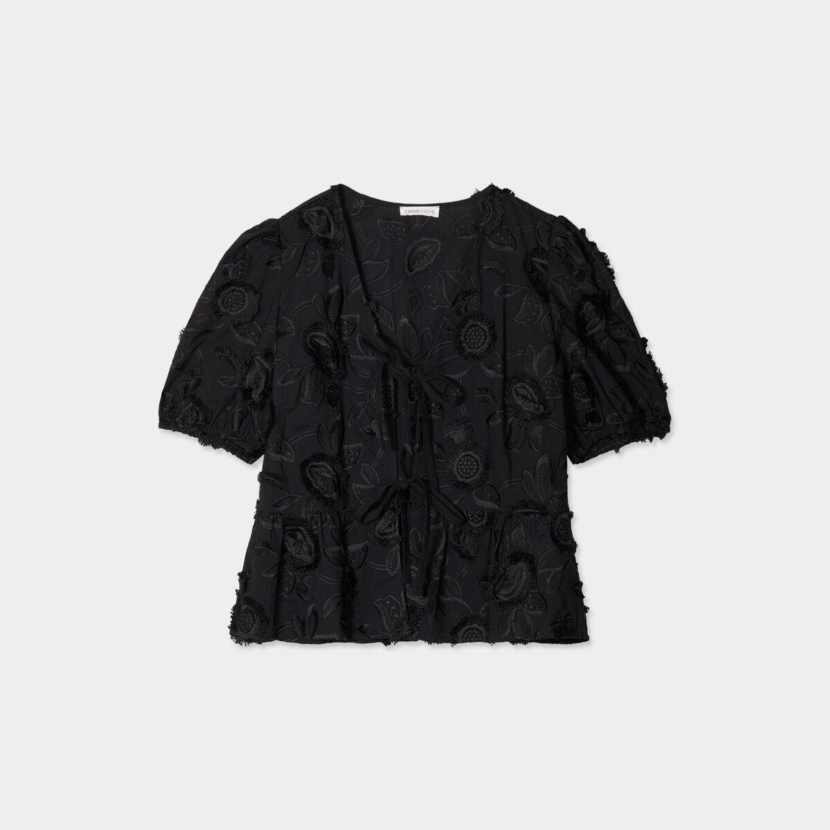 Blouse manches courtes noeuds noir femme