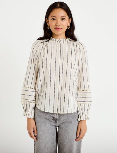 Blouse ajour&eacute;e manches longues blanc femme