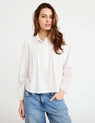 Blouse manches longues broderie ecru femme