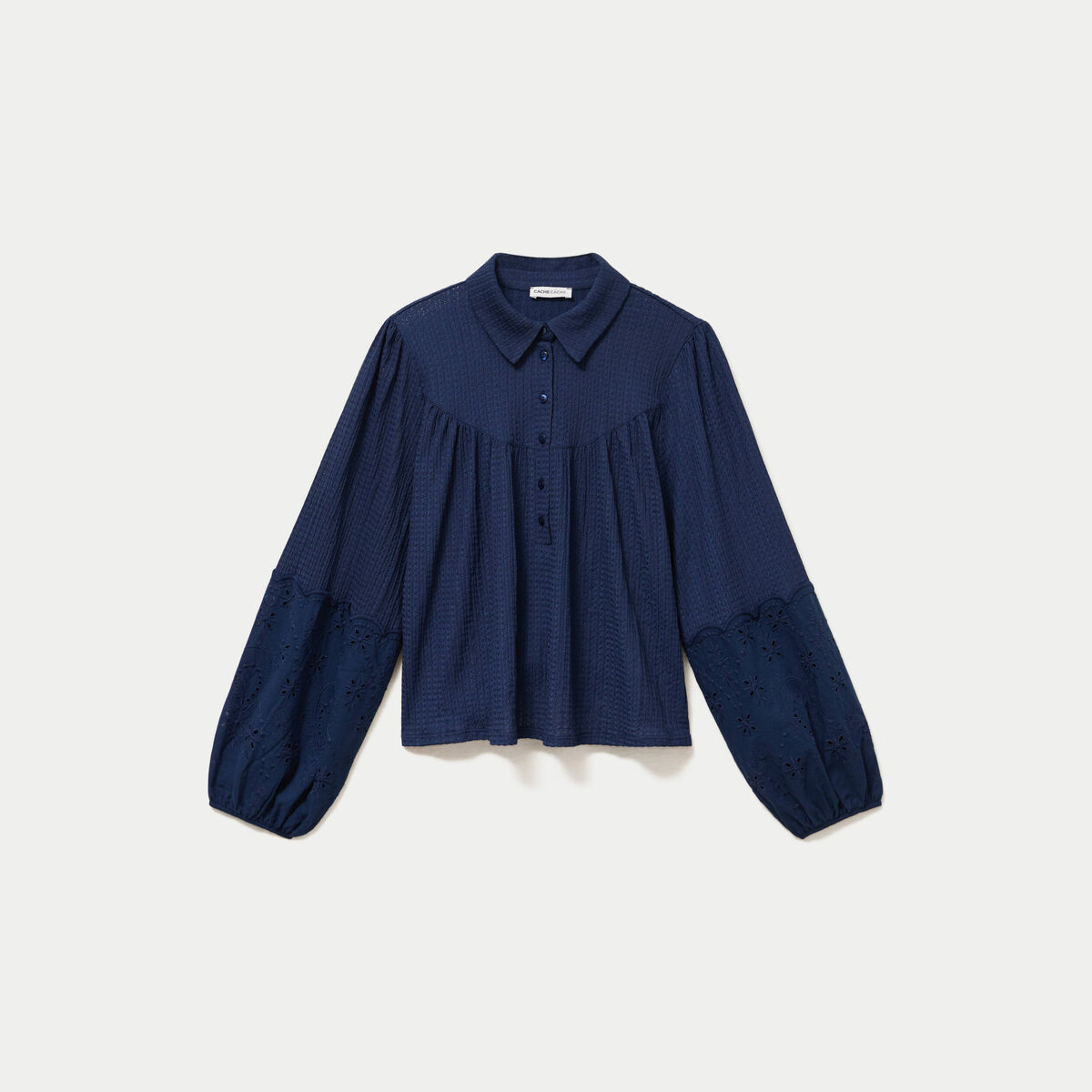 Blouse manches longues broderie bleu fonc&eacute; femme
