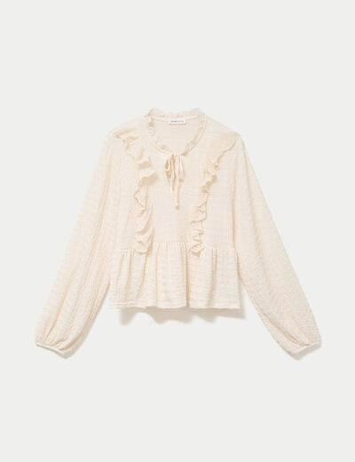 Blouse droite pliss&eacute;e col montant ecru femme
