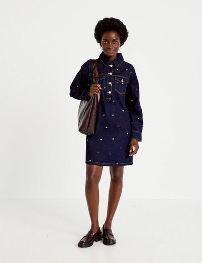 Robe courte &eacute;vas&eacute;e en jean brod&eacute;e bleu marine femme