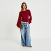 Pull ajour&eacute; col bateau manches longues rouge fonc&eacute; femme