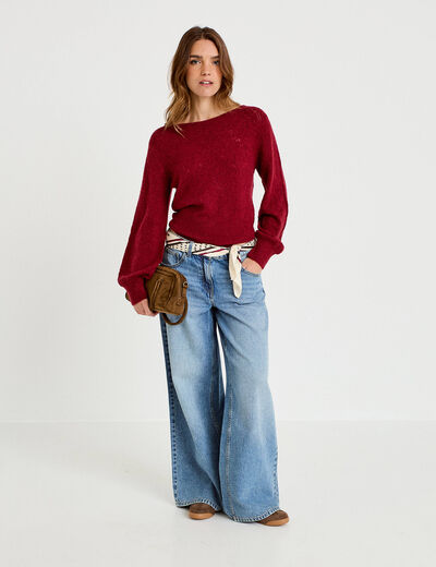Pull ajour&eacute; col bateau manches longues rouge fonc&eacute; femme